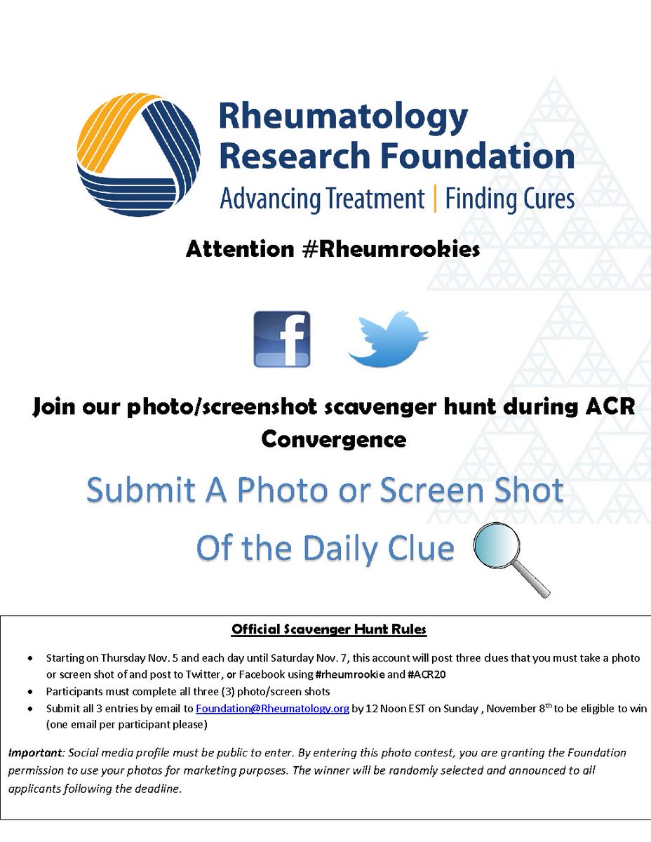 ChooseRheum's tweet photo. Attention Rheum Rookies!!! Join in on our scavenger hunt during ACR Convergence. Please see image for rules and details. #Rheumrookie #ACR20 https://t.co/LmaBYGwtfk