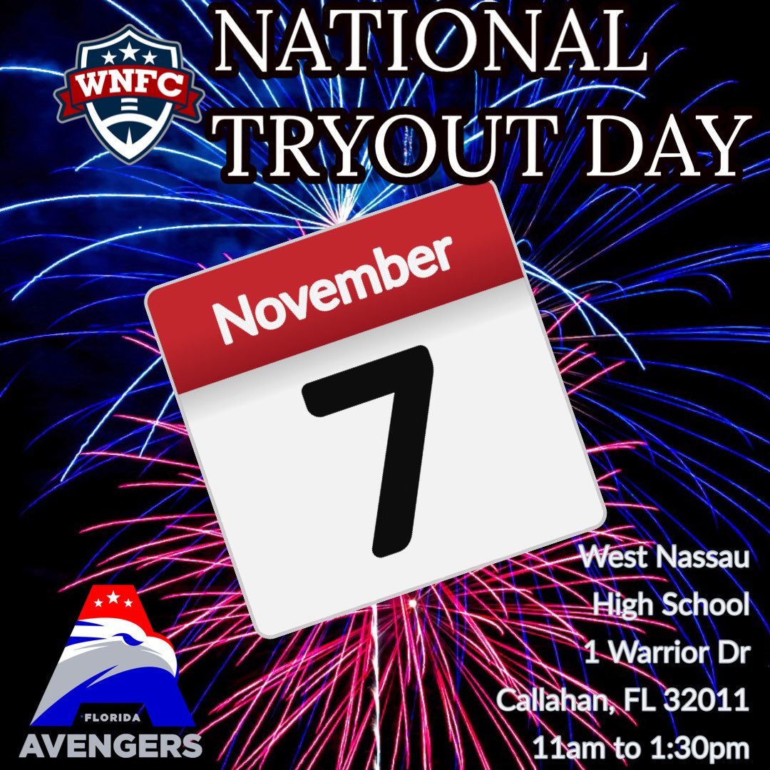 Do you have what it takes to be an Avenger?!  Join the Florida Avengers of the <a href="/wnfcfootball/">WNFCFootball</a> for National Tryout Day! 

• +18 and up
• No experience necessary!
• Fill out the survey below!

survey.sogosurvey.com/r/gnTERz

#Avengersassemble #redwhiteandBOOM #WNFC #wnfcproud