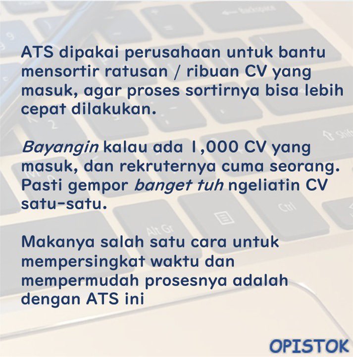 opistok_id's tweet photo. ATS,
Sering beud denger kata ini disebut,
Apakah hal ini bener-bener penting &amp; relevan dlm proses seleksi?
Kuy kita bedah dlm bbrp seri feed brikut.

Kindly share to @hrdbacot @txtdrlinkediin @ezash @anaklinkedin @king_effendy @jeff_pratama777 https://t.co/JjbEgC8bmq