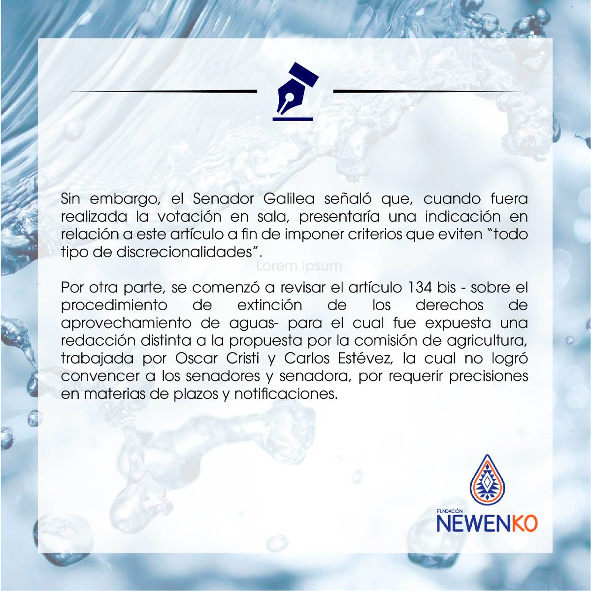 FundacioNewenko's tweet photo. Desde #Newenko compartimos la actualización semanal a la reforma al Código de Aguas, correspondiente a la semana del 2 de noviembre.
#codigodeaguas #sinpresionnohayagua #seguimientolegislativo https://t.co/XhA5shYyOF