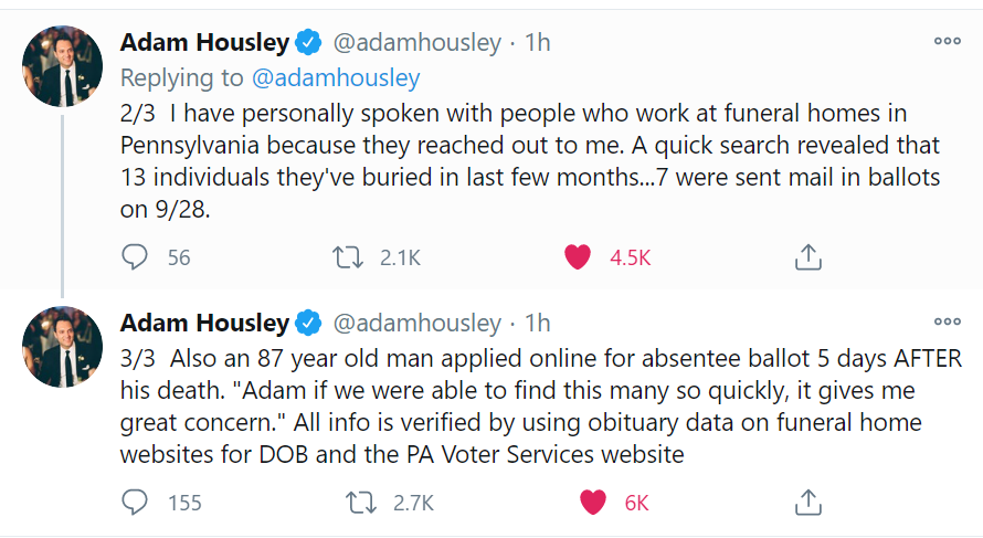 PAFrmr newsman confirms reports several deceased individuals received PA ballots, one "registered" to vote 5 days after death. NB: some of these may have been "permanent absentee" voters.I'm unclear on whether ballots were cast on behalf of all 13. https://twitter.com/adamhousley/status/1324474460125061121?s=20