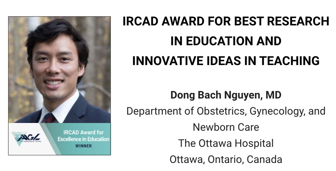 DrSonySinghMD's tweet photo. Congratulations to Dr. B. Nguyen (@FMIGS1) for winning the @IrcadFrance Award.  

@AAGL Foundation awards help recognize great work worldwide.  

Watch Saturday Nov 7th: The @OttawaHospital approach to "Laparoscopic Excision of Pericardial and Diaphragmatic Endometriosis" https://t.co/FntPSH2fsd