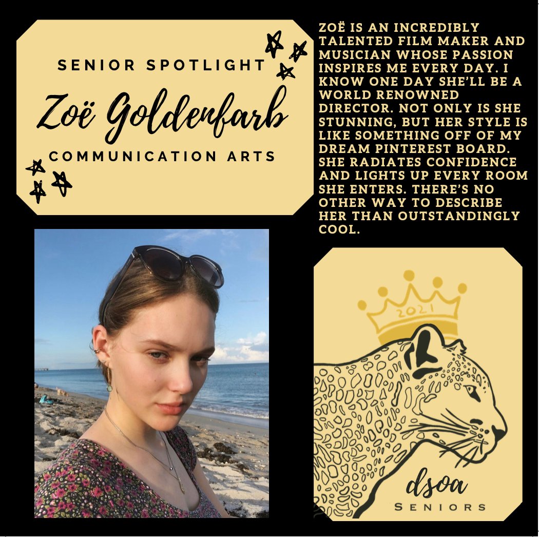 dsoa2021's tweet photo. So excited to congratulate this week's #dsoaseniorspotlight, Zoë Goldenfarb🖤💛 @CoreyFerrera @DreyfoosArtsSch @DSOACounselors @DSOAFoundation https://t.co/ymBSXTQjz0