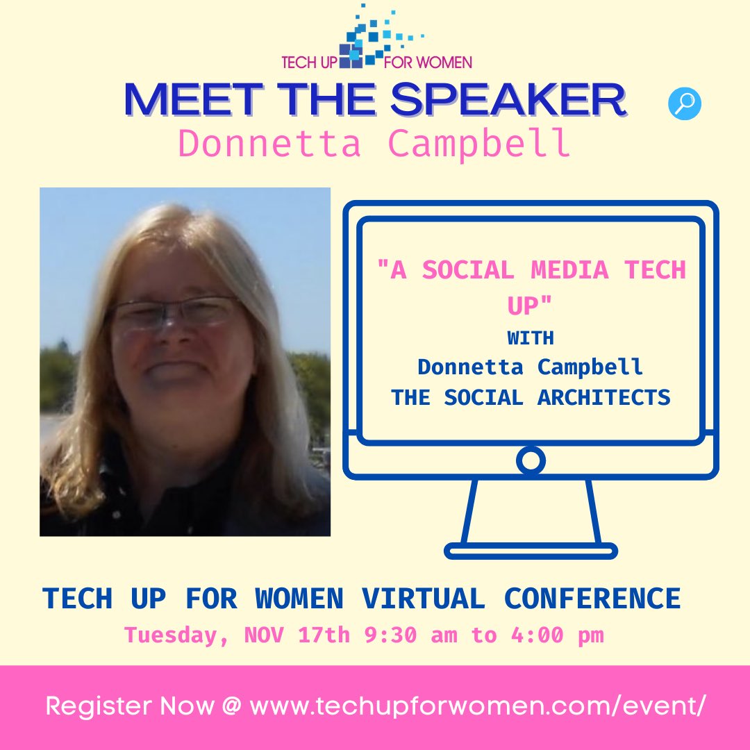 techupforwomen's tweet photo. We are thrilled to have Donnetta Campbell joining us at our conference to speak about “A Social Media Tech Up” Can’t wait for November 17!! 💙👩💻🎤#techupforwomen
#techup #womeninbusiness #conference #technology #thesocialarchitects #womeninstem #womenintech https://t.co/RpPonC1g9u