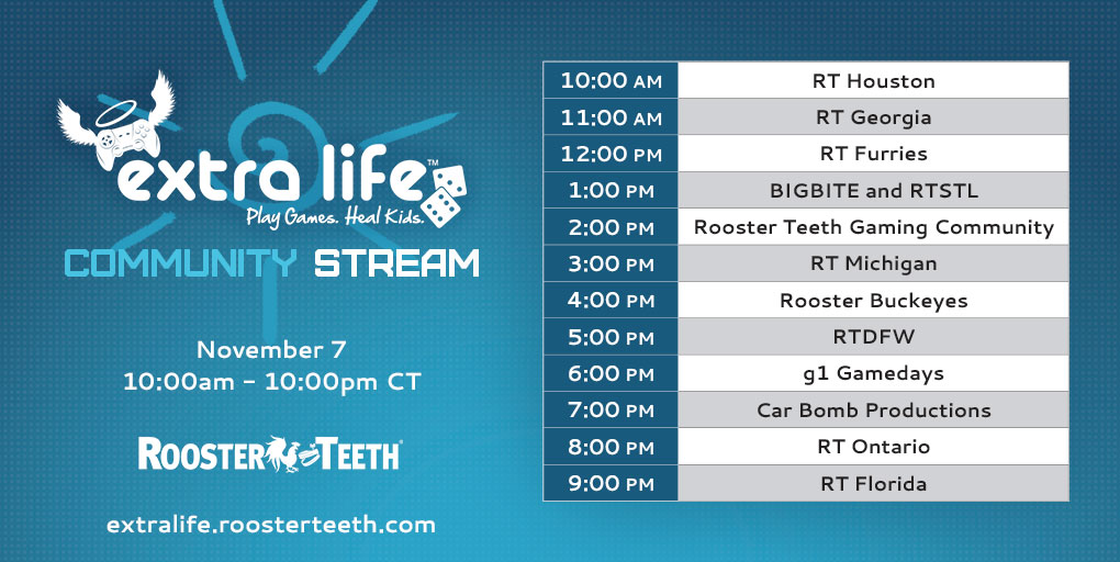 RoosterTeeth's tweet photo. Join us for a week of #RTExtraLife, starting with the Community Stream this Saturday! https://t.co/17yfOHW7JU
