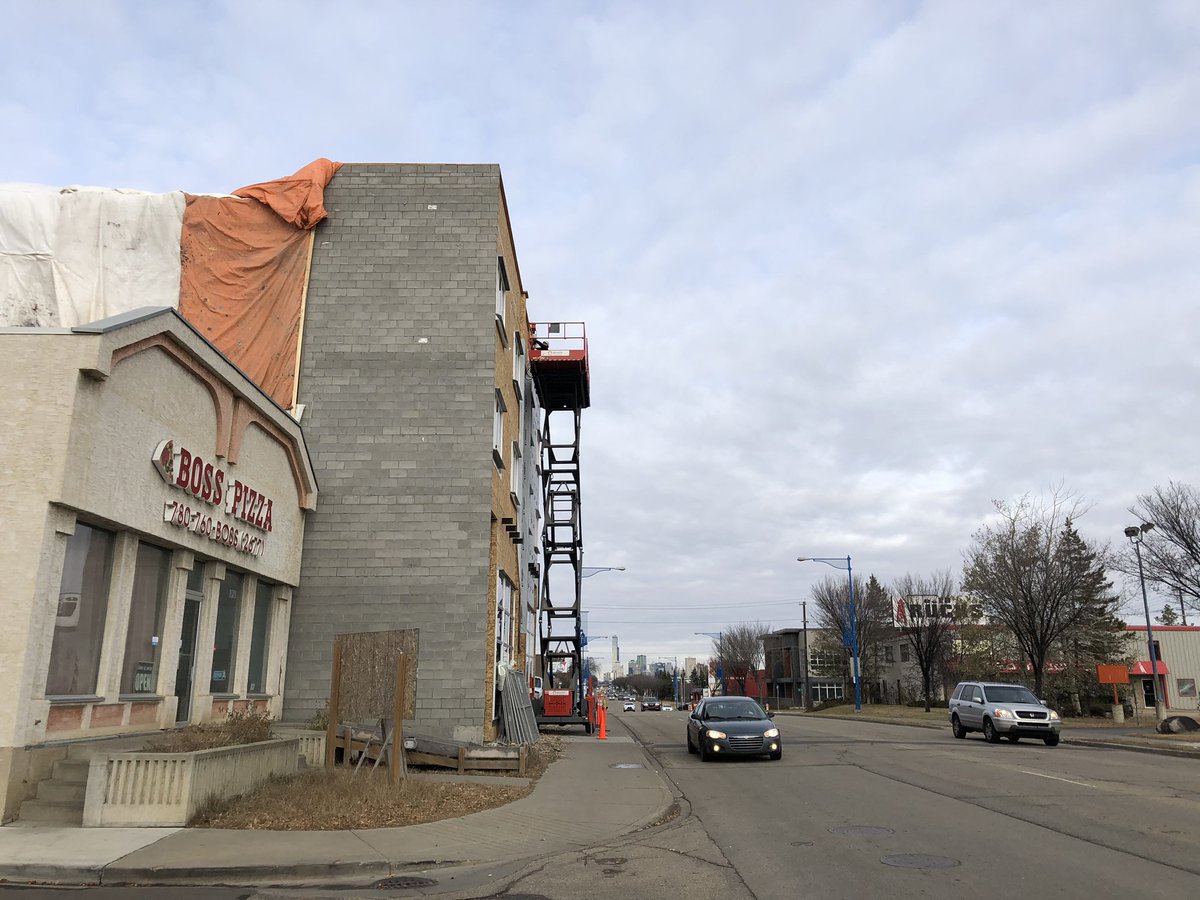There’s no question it’s a pioneering project. It’s being built right up to the property line across busy 104 Street from a car dealership.