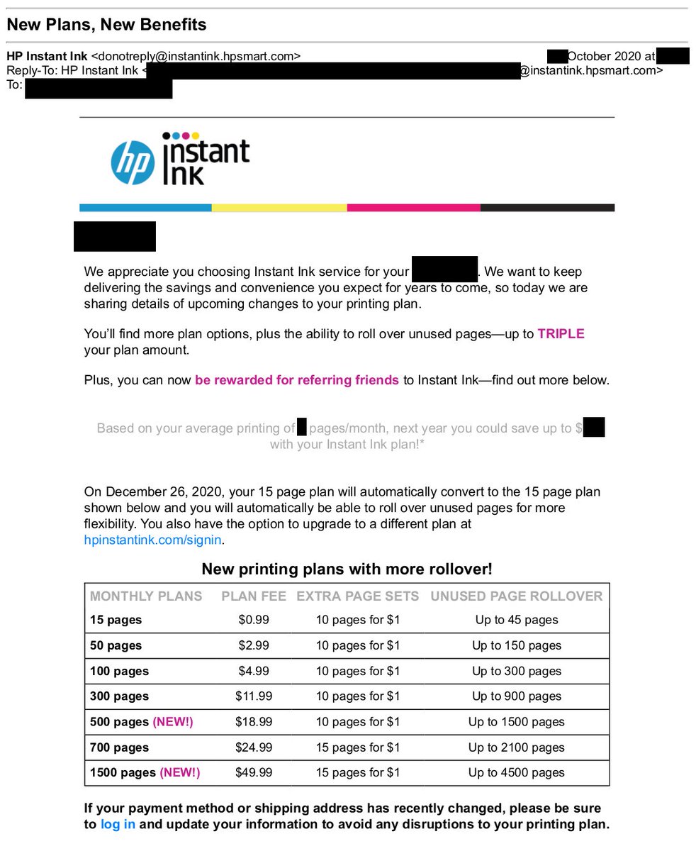 But this is HP we're talking about, so words have no meaning. Last month, HP notified its "free ink for life" customers that their life had ended, and they were being moved to a new afterlife where they had to pay $0.99/month, forever, or else.17/