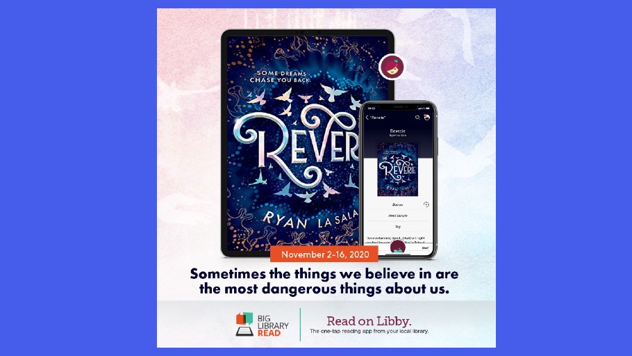 a large garphic of a book cover with small flying bird illustrations right next to a tablet displaying the same book cover on an app