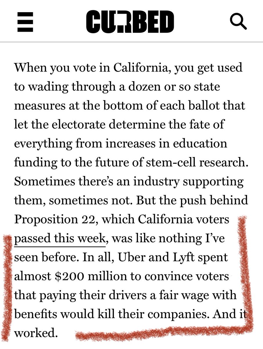 Sigh. So much missing/misleading info in this  @Curbed piece. Fact: Prop22 guarantees 120% of min wage, health benefits starting at 15 hours/week +other benefits most drivers (80% are PT less than 20 hours/week) would NOT receive if 22 had failed. None of this mentioned, of course