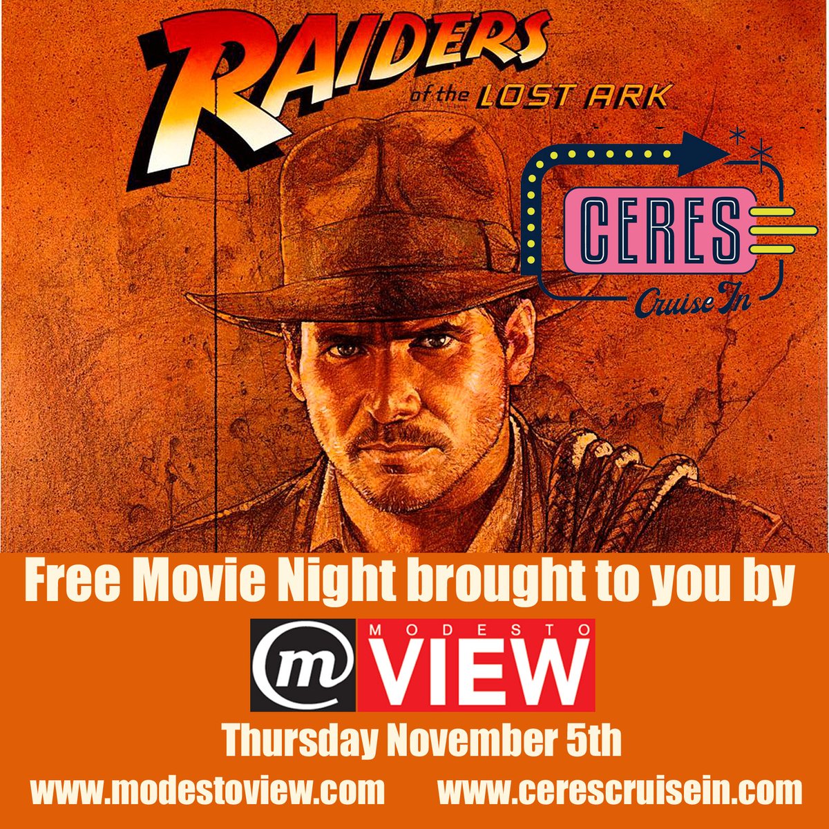 modestoview's tweet photo. ModestoView wants you to enjoy a movie on us at the Ceres Cruise In. Go to https://t.co/dpjK7qag9V choose Raiders of the Lost Ark tonight at 7pm and use ModViewRaiders at check out for a free pass. Tag us #ModestoView when you check in at the Ceres Cruise In,. https://t.co/7HzWfn1Z1S