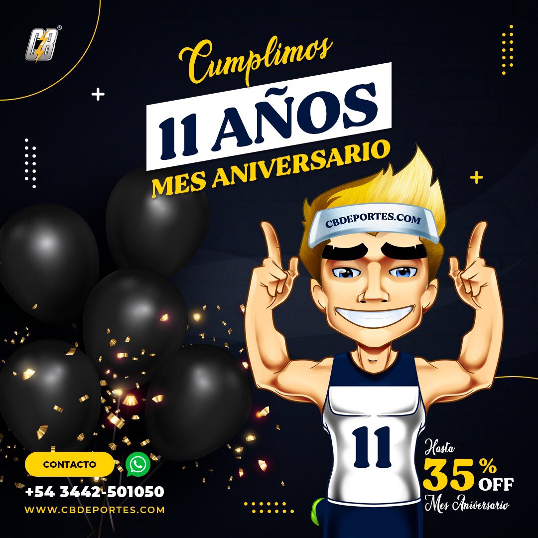 CBDeportes's tweet photo. .🎈 MES ANIVERSARIO 🔥 11 AÑOS JUNTOS 🎈
.
.Más de una década compartiendo grandes
.momentos y avanzando como un gran equipo.
.
.Gracias por estar siempre del otro lado.
.
.Y para celebrar vamos a estar realizando sorteos,
.importantes descuentos y regalos durante todo el mes. https://t.co/jeoE2Kuvih