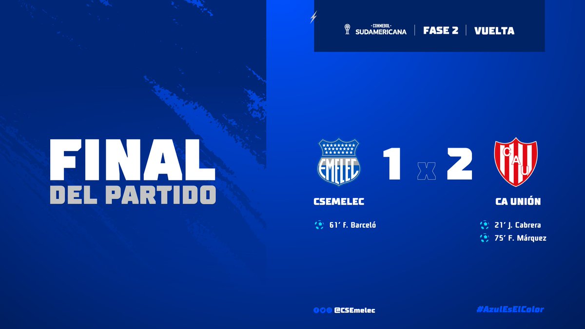 CSEmelec's tweet photo. Termina el partido en el Estadio Banco del Pacífico Capwell.

@CSEmelec 1 - 2 @clubaunion

#Sudamericana #AzulEsElColor #DelBombilloSoy ⚡🔵 https://t.co/Qny6vRyvqt