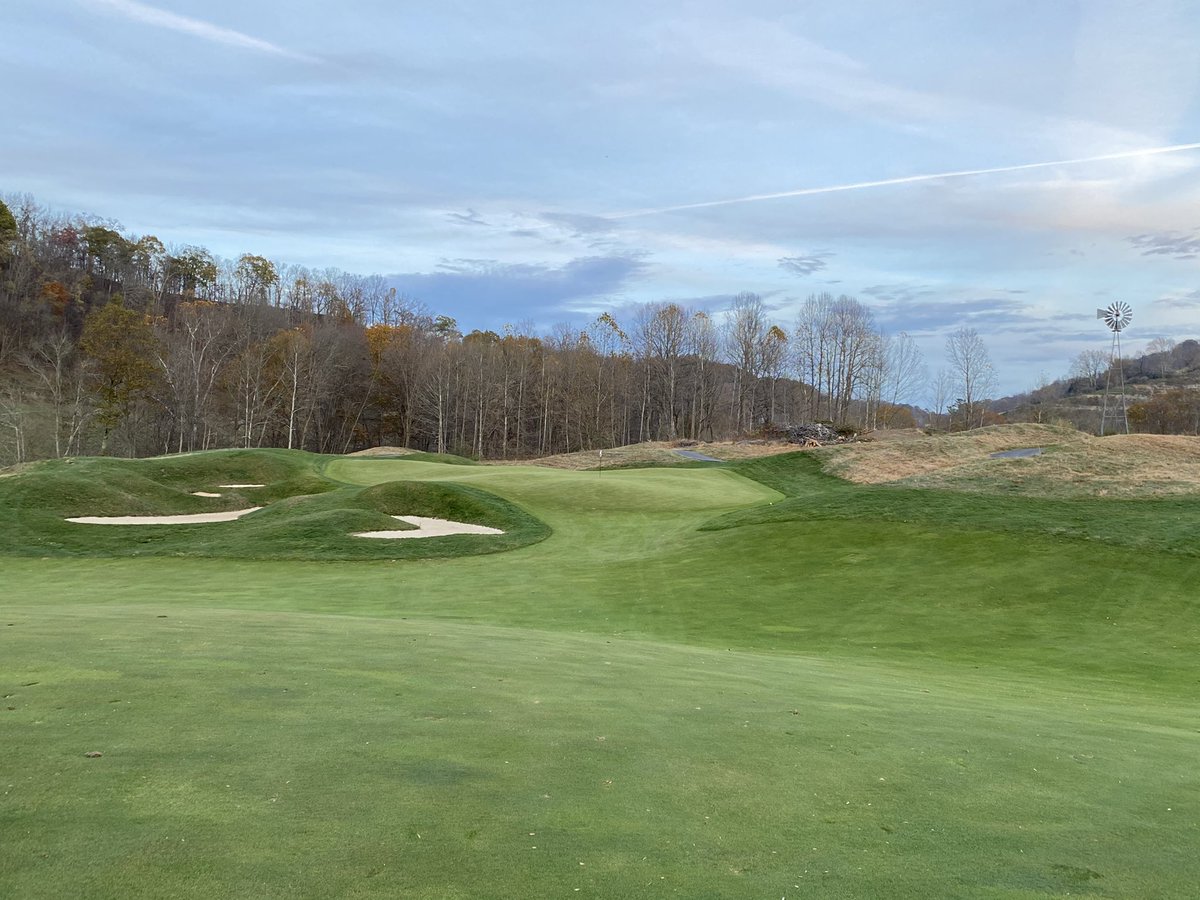 The epic 17th hole approach shot at Pete Dye Golf Club.