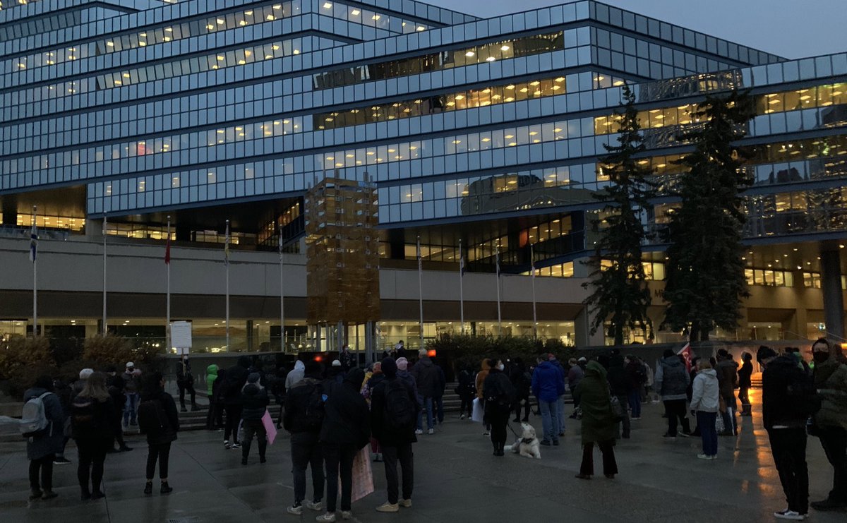NatePike's tweet photo. Good sized crowd out in #yyc protesting the way that the @Alberta_UCP is treating Albertans! 

#abpoli #ableg #cdnpoli #abprotest https://t.co/HrKazWSkLq
