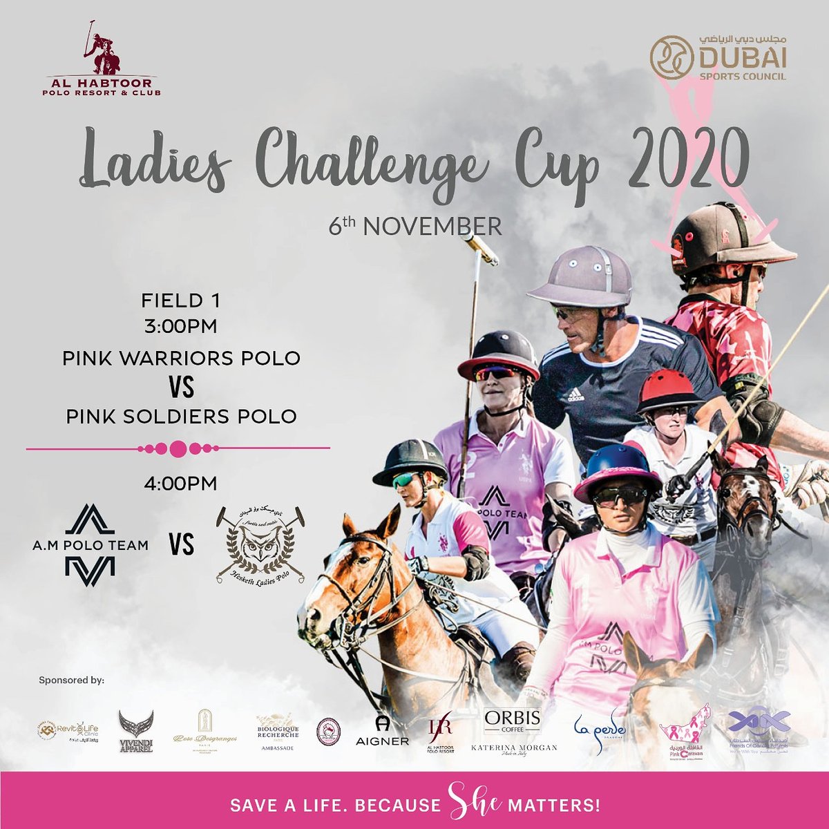 HabtoorPoloClub's tweet photo. The galloping Pink Warriors and Pink Soldiers are ready for the #LadiesChallengeCup2020! 

The only question is are you? 💫
.
.
.
.
#LadiesChallengeCup2020 #AMPolo #HeskethPolo #PoloTournament  #TogetherWeCanSaveLives #BreastCancerAwarenessMonth https://t.co/Az1lqGp9RG