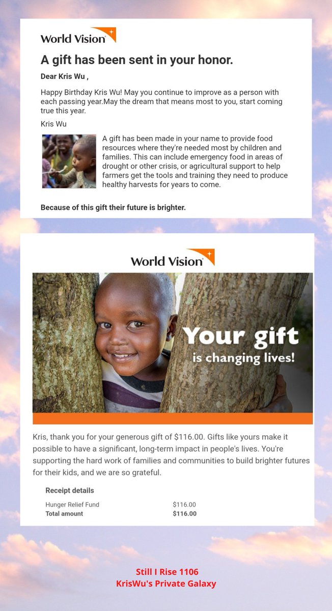 MyanmarMeigeni's tweet photo. We donated under @KrisWu 's name for his birthday. #HappyKrisWuDay 

Cash for "Africa Children Hunger Relief Fund " to ' World Vision '

Cash for "Covid-19 Fund" to 
"We Love Yangon"  and "Inya Center "

We wish you a year filled with true happiness!Happy Birthday! #KrisWu https://t.co/DfAC0SqWMi