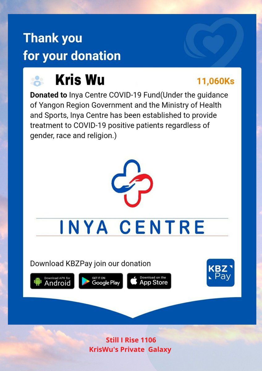 MyanmarMeigeni's tweet photo. We donated under @KrisWu 's name for his birthday. #HappyKrisWuDay 

Cash for "Africa Children Hunger Relief Fund " to ' World Vision '

Cash for "Covid-19 Fund" to 
"We Love Yangon"  and "Inya Center "

We wish you a year filled with true happiness!Happy Birthday! #KrisWu https://t.co/DfAC0SqWMi