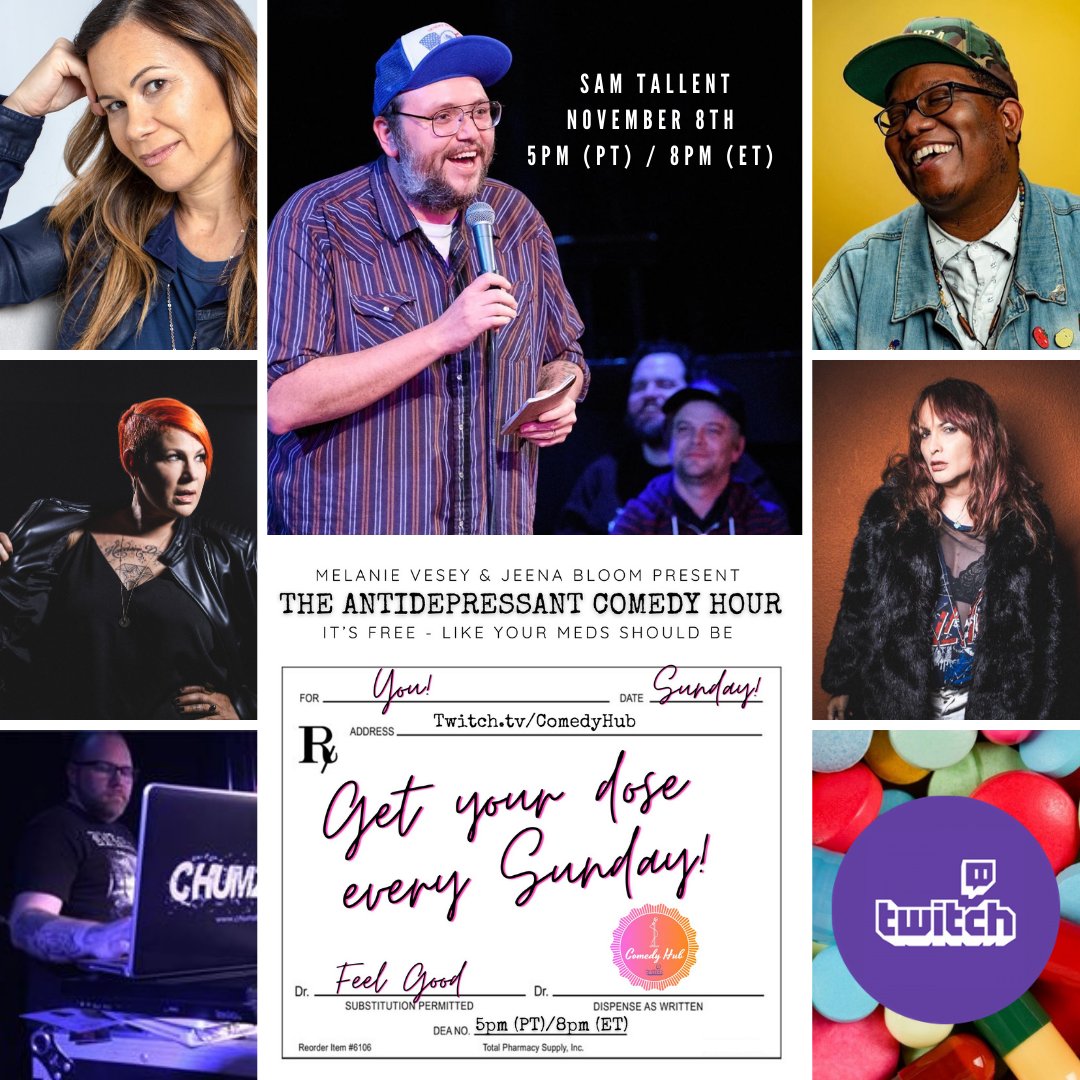 AntiDcomedy's tweet photo. You’re gonna need EXTRA serotonin after this week. And now that we’re an AWARD-WINNING SHOW we booked these killers.

💊🏆💊
@TallentSam 
@DueOrDie 
@Fieldingedlow 
@jeenabloom 
@MelanieVesey 
@ChumZilla 

WATCH at 5pm (pt) on @ComedyHubLive 

🚨 RSVP -> https://t.co/7LJWoFconC https://t.co/G0YgKFOUkA