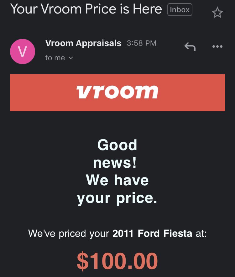Andrew_J_Conrad's tweet photo. @vroomcars offered me ONE HUNDRED dollars for my 2011 Ford Fiesta in good condition with less than 100k miles. When I asked for an explanation for the low offer they didn’t respond. Don’t bother with these clowns. #vroom https://t.co/V0DEyFVgcv