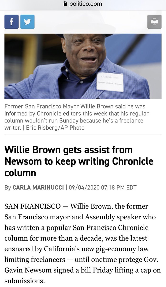 Once again,  #AB5 was written FOR union$$ by unions, w/o including input from actual indep contractors, 1/3 of workforce. As Willie Brown explains, it was dirty politics that brought us these stupid laws that ban most self employment.  @Freelancers_USA