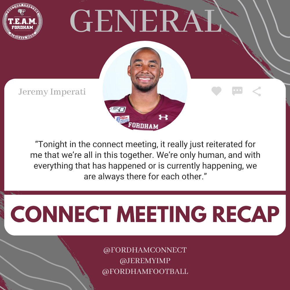 CONNECT Spotlight - Jeremy Imperati 💥

Yesterday evening, CONNECT convened over Zoom for a general group meeting. With the election still undetermined, the stakes continue to be powerful. It is vital that we have CONNECT, a group of student-athletes who create a safe space.