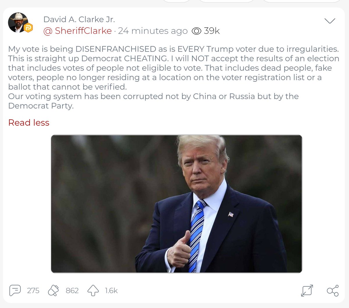 Trump's surrogates are pushing these lies to their supporters to generate violent reaction through claims of "disenfranchisement" and "cheating" though no evidence of such claims. They can't handle the truth. Clarke always pushes extreme messages.