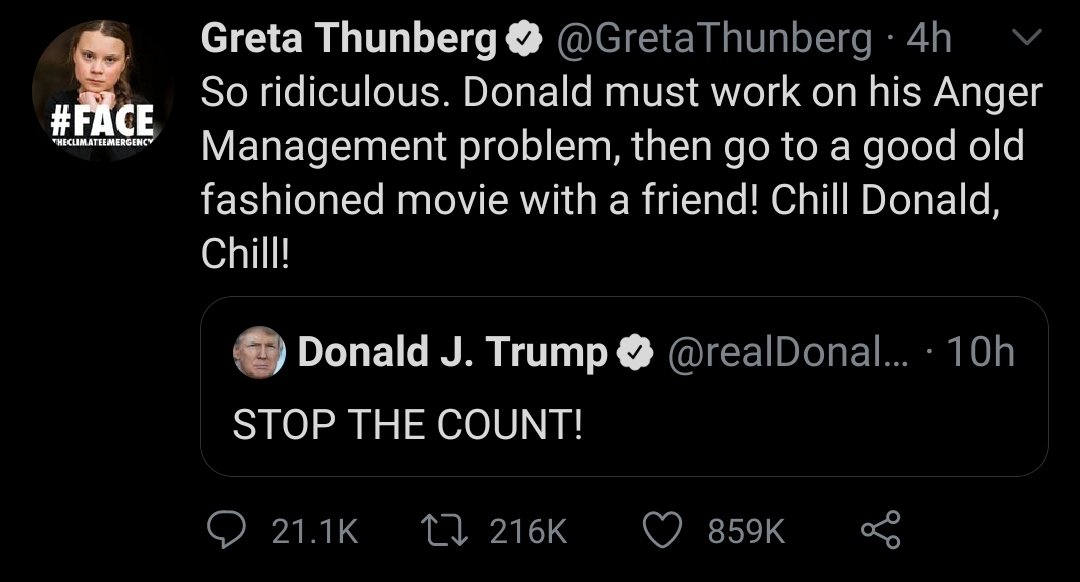 yeah_els's tweet photo. Greta Thunberg giving Trump a taste of his own medicine #TrumpMeltdown #ElectionResults2020 https://t.co/pthU8GJ6qq