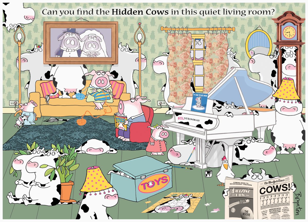 SandyBoynton's tweet photo. I'm working on designing a few 1000-piece jigsaw puzzles for Spring 2021. This one is called "Find the Hidden Cows." I'm previewing it here thinking it might take everyone's mind off things. (Or not. It does involve a whole lot of counting.) #cows https://t.co/3xGucgAhwS