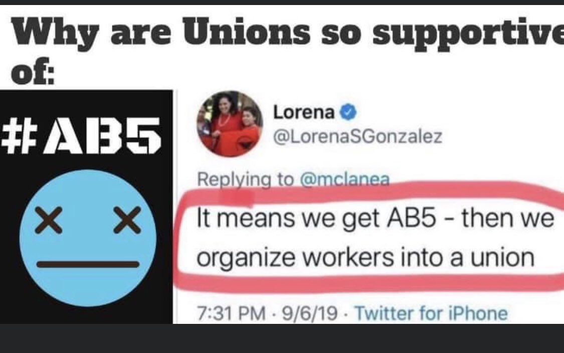 Apps like  @Uber  @lyft were simply convenient villains.  @LorenaAD80’s game plan has always been to outlaw most self employment, in a nutty attempt to boost membership in failing and corrupt unions. I speak for 80+% of freelancers when I say this: LEAVE US ALONE.