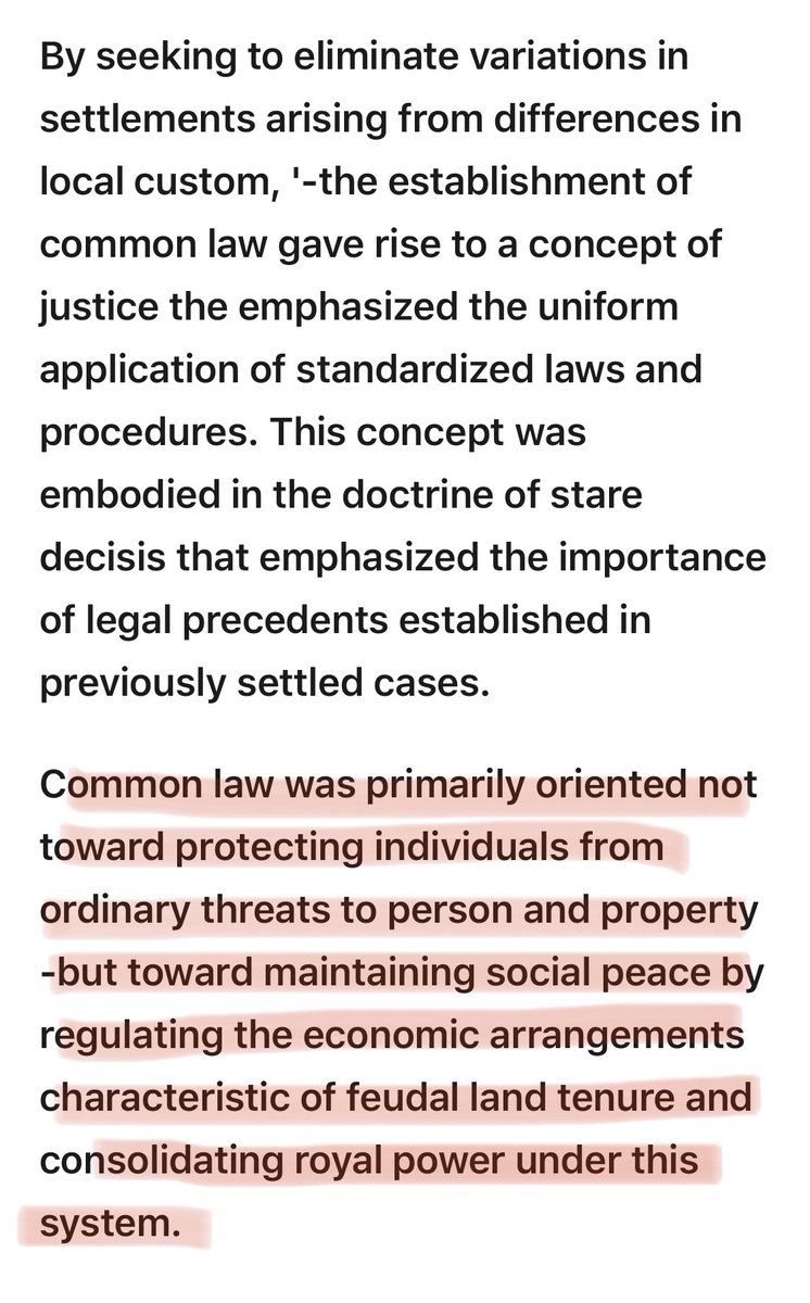 Based on customs, traditions & beliefs of British royalty & feudal lords in the Middle Ages, common law is a system to ensure control of power, collection of compensation due to ownership of the means of production, & that order is maintained for the divinely appointed regent.