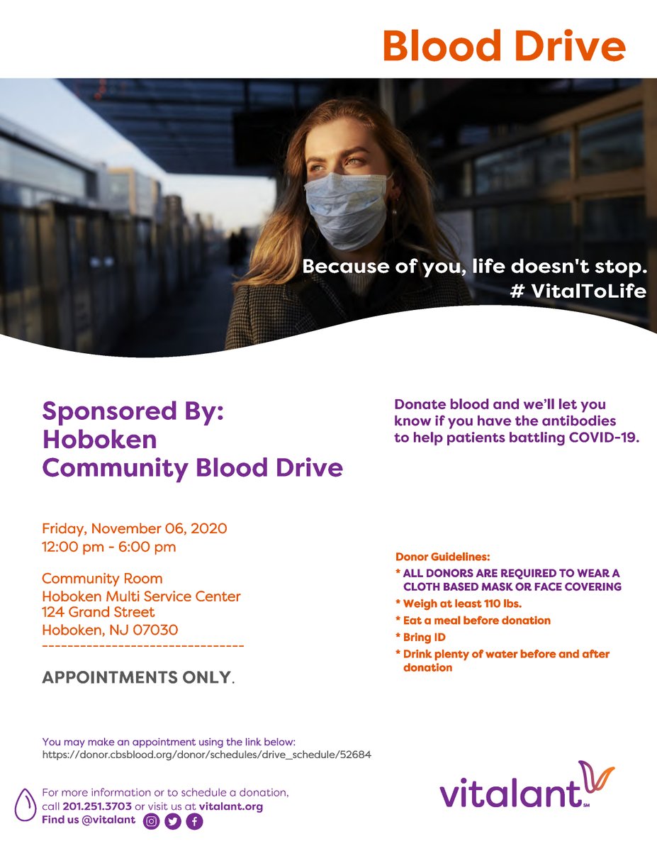 StevensConnects's tweet photo. Join the @CityofHoboken tomorrow, 11/6 from 12pm to 6pm, as they sponsor a blood drive. For more information and to register, please visit: https://t.co/vbHNVjjFJk. https://t.co/2WogTX2JXR
