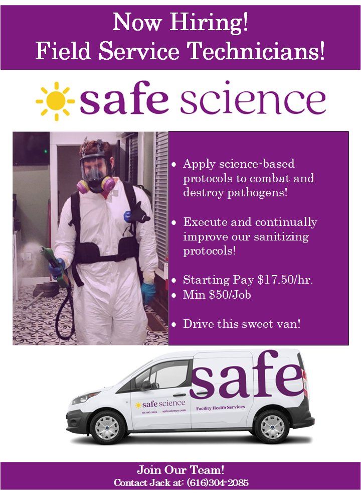 safeScienceCo's tweet photo. We are hiring. Want to join a fun team and make a difference? Please contact us at Safe Science. #GrandRapids #GrandRapidsMi #Michigan #commercialcleaning #greatpay https://t.co/rYUEAive6W