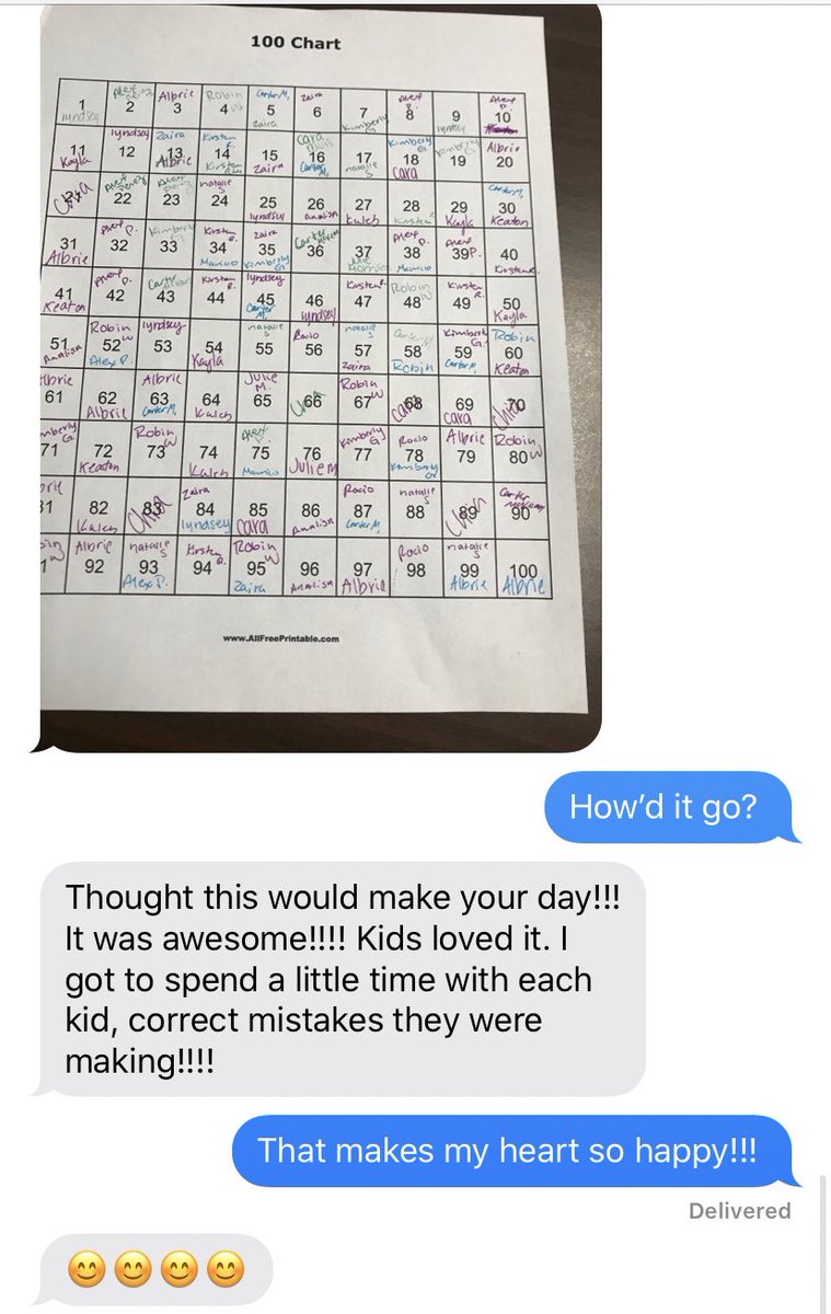ADismukes16's tweet image. Using the #100chart for built in incentives for students. As they complete a problem and get it checked, they sign their name when it’s correct. End of the class, teacher draws for candy! Thanks #ActivityAfterMath and @cindy_markos ... you are a ROCKSTAR 
@BrenhamISD @BrenhamHS
