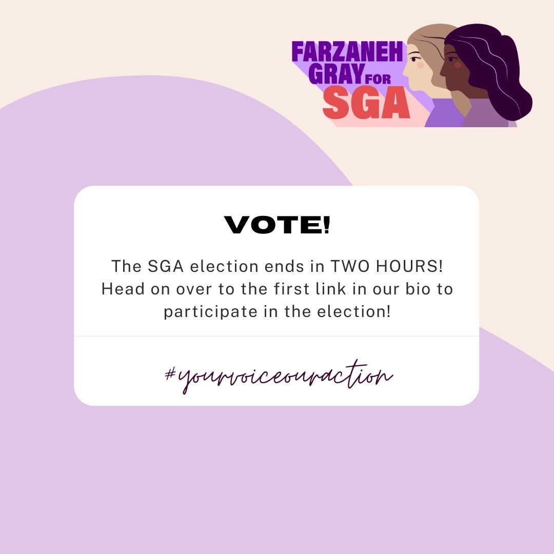 farzgray4sga's tweet photo. T-Minus two hours to participate in this year's SGA Presidential election!! Click the link in our bio or down below to vote!!! https://t.co/NhwvRFwLWZ