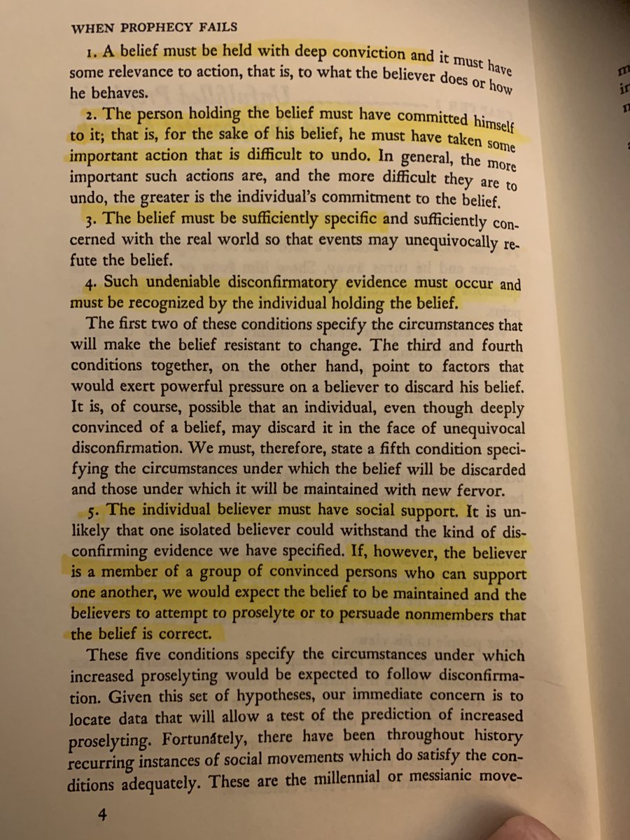 jayvanbavel's tweet image. How do people respond to unfilled prophecies &amp;amp; disappointed messiahs?

"A man with a conviction is hard to change...Show him facts or figures and he questions your sources. Appeal to logic and he fails to see the point"

These 5 factors allow people to cling to false beliefs: