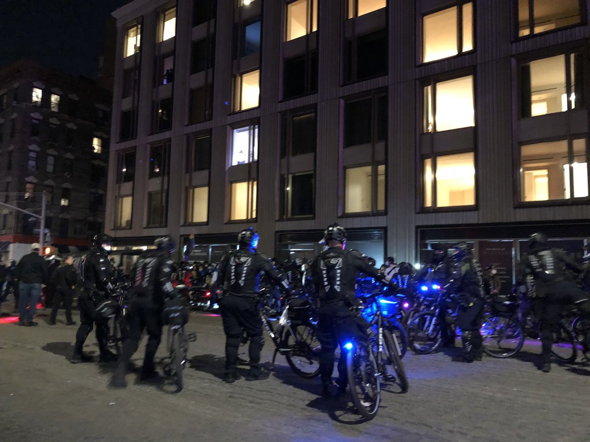 Scene from protest tonight in Lower Manhattan. Several people were arrested. Group at Mulberry and Kenmare now. Police playing “step on sidewalk or be charged with disorderly conduct”announcements.