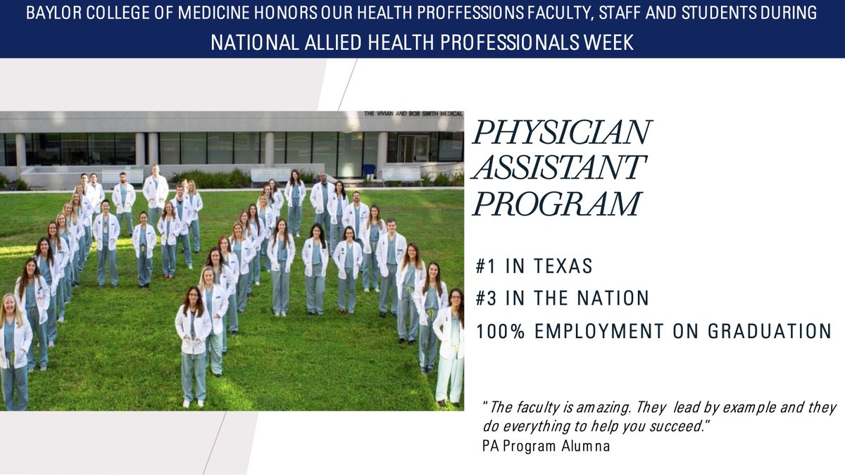 bcmhouston's tweet photo. Learn more about our Physician Assistant Program ranked third in the nation by U.S. News and World Report. https://t.co/bkeg85fyGg #PAProgram #NationalAlliedHealthProfessionsWeek https://t.co/ipZmn0iEhc