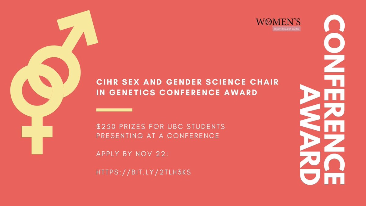 Women's Health Research Cluster (@researchonwh) on Twitter photo Are you a <a href="/UBC/">University of British Columbia</a> student who will be giving a presentation at a conference about #SexDifferences or #WomensHealth? If you answered yes, we want to give you $250 to register for the conference! Submit an application by Nov 22nd and DM us for further details. ow.ly/K6ya50CbWiH Are you a <a href="/UBC/">University of British Columbia</a> student who will be giving a presentation at a conference about #SexDifferences or #WomensHealth? If you answered yes, we want to give you $250 to register for the conference! Submit an application by Nov 22nd and DM us for further details. ow.ly/K6ya50CbWiH