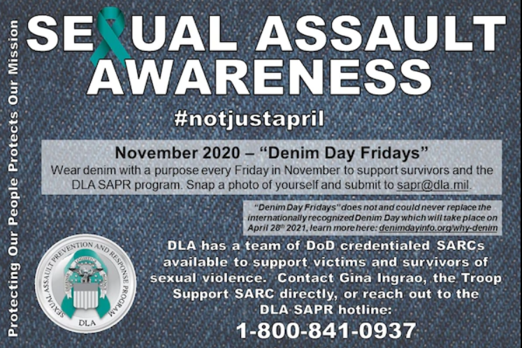 DLAMIL's tweet photo. Denim Day Fridays: Wear every Friday in November to show support of DLA Sexual Assault Prevention and Response program #NotJustApril #SAPR https://t.co/pz3UPcrw24