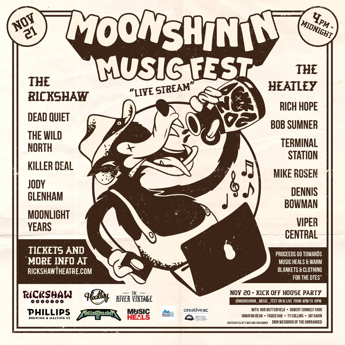 RickshawTheatre's tweet photo. 🌙JUST ANNOUNCED!🌙Moonshinin Fest Live Stream from The Rickshaw & @theheatley696 on Sat Nov 21st!
RSVP: https://t.co/t9Sivzsybf
Featuring: #ElliotCWay @jodygthatsme @KillerDealBand @wildnorthband @richmhope @deadquietband + more!
Tix on sale noon Fri!
Supporting @musicheals_ca https://t.co/R574jiQciO