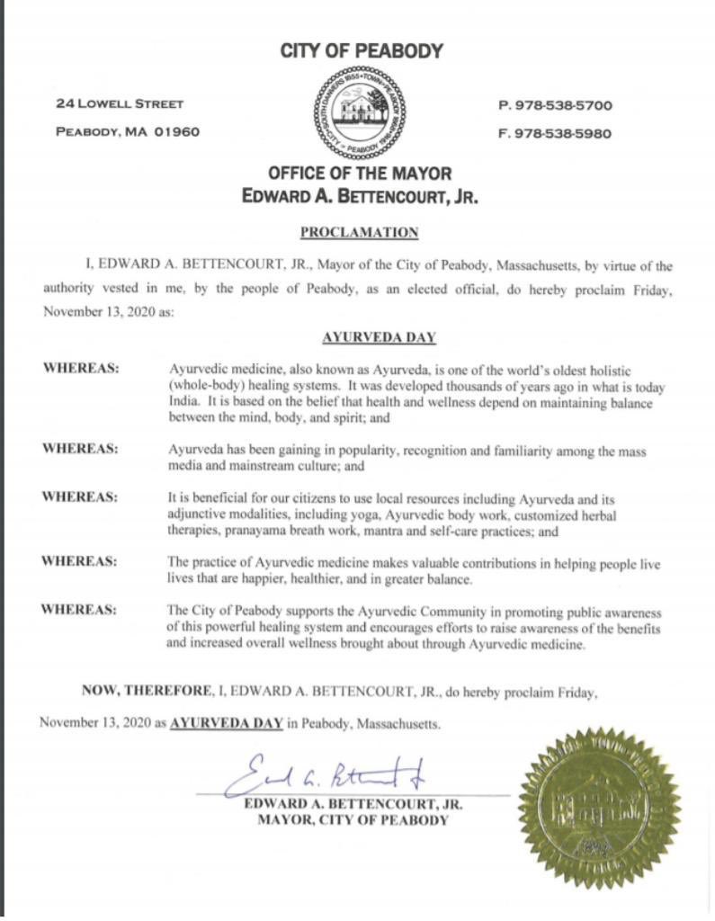 ayurveda_day's tweet photo. We are grateful to Mr. Edward A. Bettencourt Jr.,Mayor of the City of Peabody in Massachusetts in the United States of America for his continued support &amp; for proclaiming Ayurveda Day this year in sync with our global initiative.#Ayurveda #AyurvedaDay2020 #MayorProclamation 🇺🇸 🇮🇳 https://t.co/0y92L7kXST