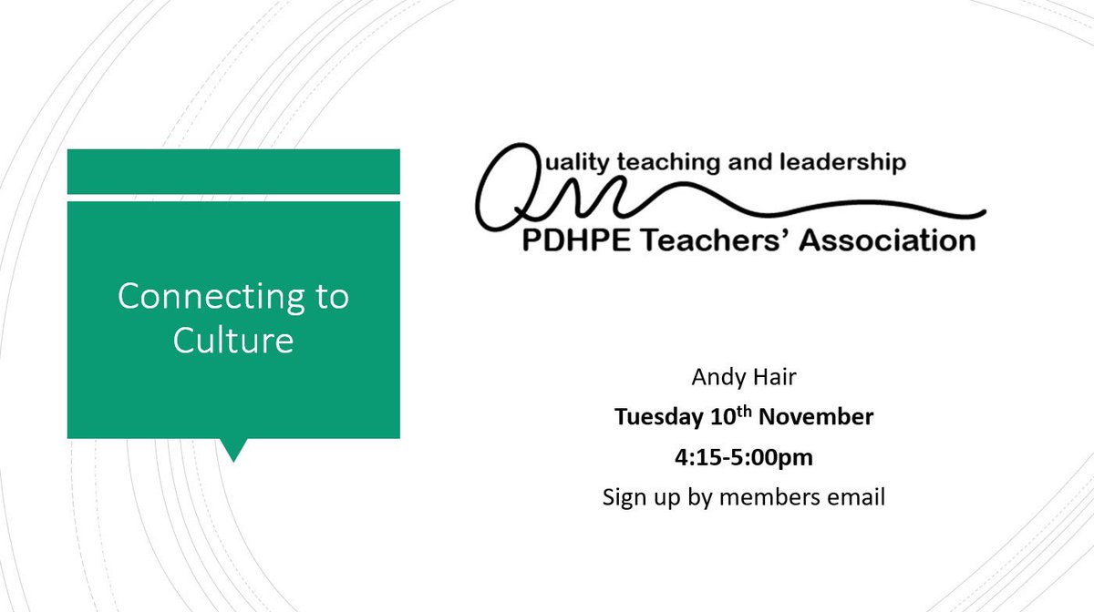 PDHPETA1's tweet photo. Join us and @MrHairPhysEd on 10th Nov as we discuss #connecting to #culture - sign up for members via email https://t.co/mYiNpgsPUR