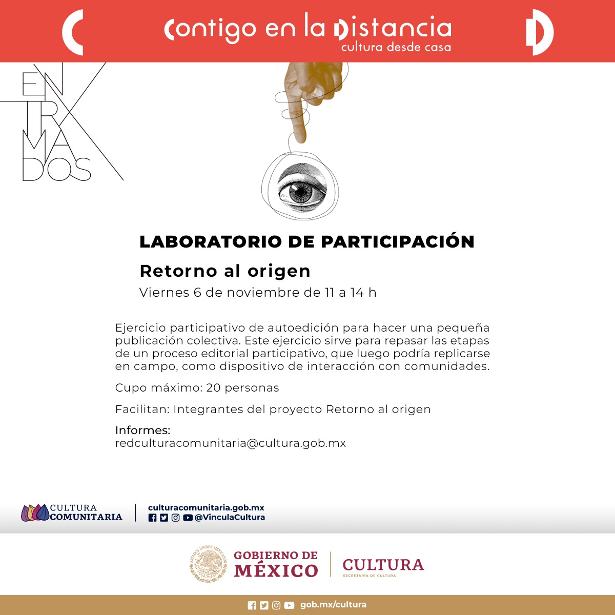 Vinculación Cultural (@vinculacultura) on Twitter photo ¡Atención¡⚠️
Aún tenemos lugares para el laboratorio de participación Retorno al origen.
📆 6 de noviembre de 11 a 14 h.
Informes en 📩 redculturacomunitaria@cultura.gob.mx
Regístrate en 👉 bit.ly/3l6eWuI ¡Atención¡⚠️
Aún tenemos lugares para el laboratorio de participación Retorno al origen.
📆 6 de noviembre de 11 a 14 h.
Informes en 📩 redculturacomunitaria@cultura.gob.mx
Regístrate en 👉 bit.ly/3l6eWuI