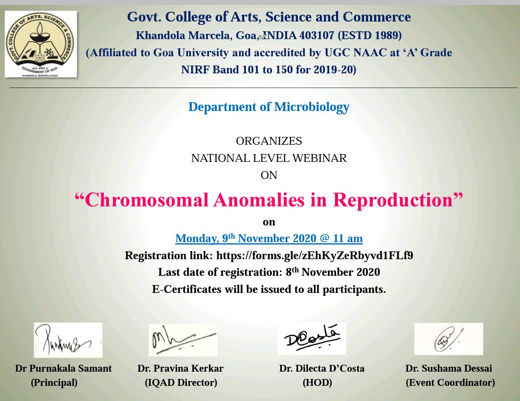GCASCKhandola's tweet photo. Govt College Khandola is organising a National Level Webinar on the topic "Chromosomal Anomalies in Reproduction" on 9th November 2020.
#webminar
#national
#microbiology
#chromosonal
#reproduction
#mhrd
@HRDministry
@DHE_Govt_Goa https://t.co/ZNa6f5jaVk