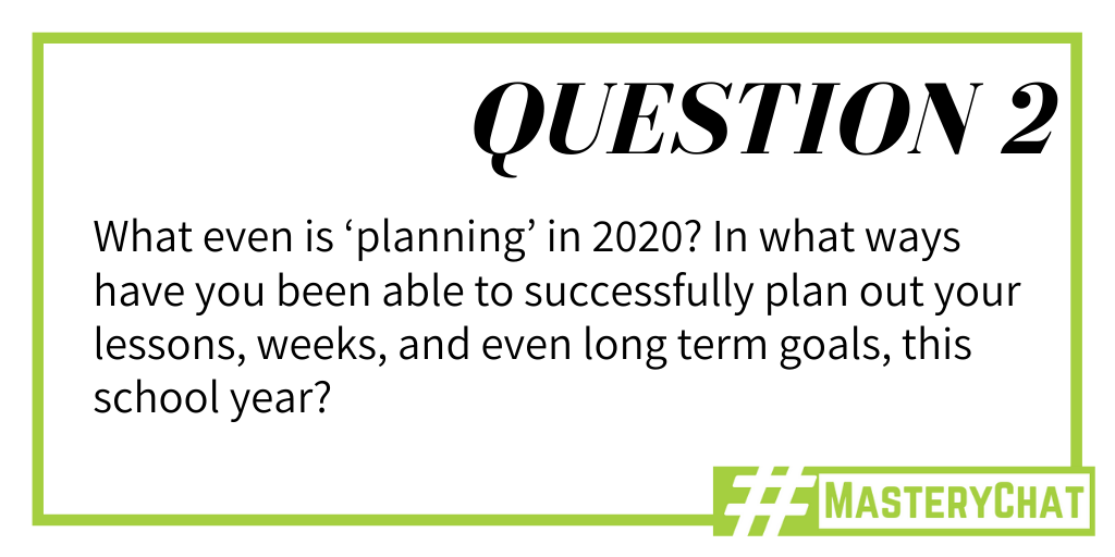KatieAnn_76's tweet photo. Top story: @mrserinhealey: 'Q2: What even is ‘planning’ in 2020? In what ways have you been able to successfully plan out your lessons, weeks, and even long term goals, this school year? #MasteryChat #BeginBetter ' https://t.co/3WbmCcervV, see more https://t.co/LlWv0n2yqr