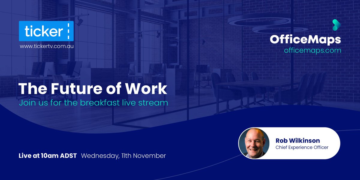 OfficeMaps's tweet photo. Be sure to tune in for a breakfast live stream of OfficeMap's Chief Experience Officer, Robert Wilkinson, on @tickertvau discussing the future of work. 

The stream starts at 10am ADST (SYD time) on Wednesday, 11th NOV at https://t.co/twpjdnjzef

#futureofwork #hotdesking https://t.co/2tB1NG5nMN