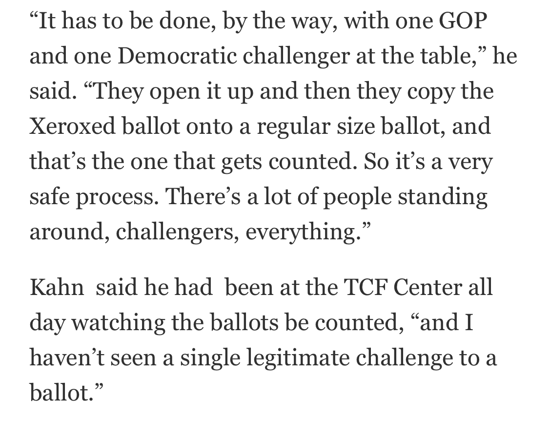 Trump also said "poll workers in Michigan were duplicating ballots."There is no evidence of wrongdoing. Some ballots, such as military absentee ballots, have to be re-created, but still count as one. From a challenger at TCF Center in Detroit:  https://bit.ly/32ecX0i&nbsp;