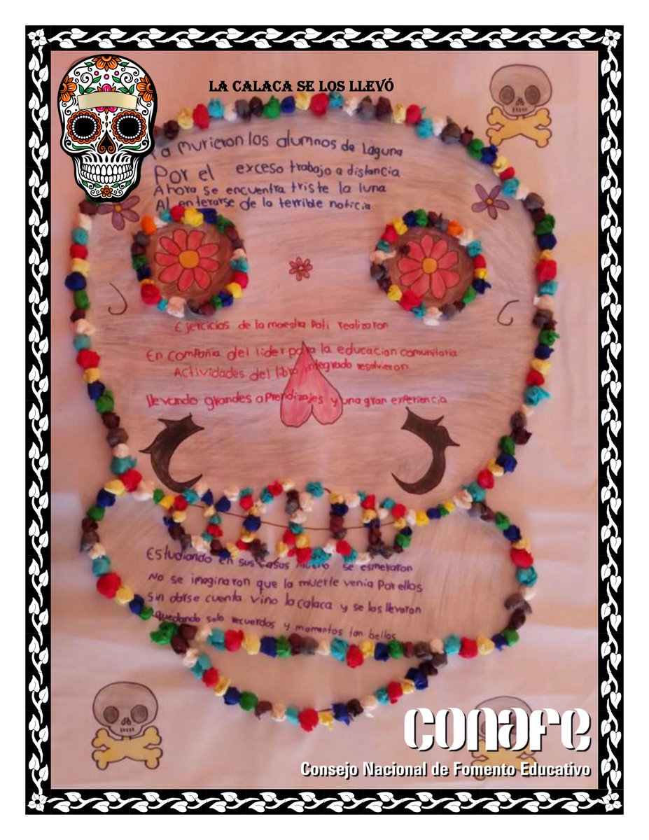 ConafeOaxaca's tweet photo. El tercer puesto de la categoría “Estudiantes” del Primer Concurso de Calaveritas #Conafe #Oaxaca 2020, se lo llevaron las y los alumnos del nivel Primaria Indígena, en la comunidad La Laguna, Tlahuitoltepec. Muchas felicidades a todos. #OrgulloConafe #DíaDeMuertos https://t.co/FMuABxXe5G