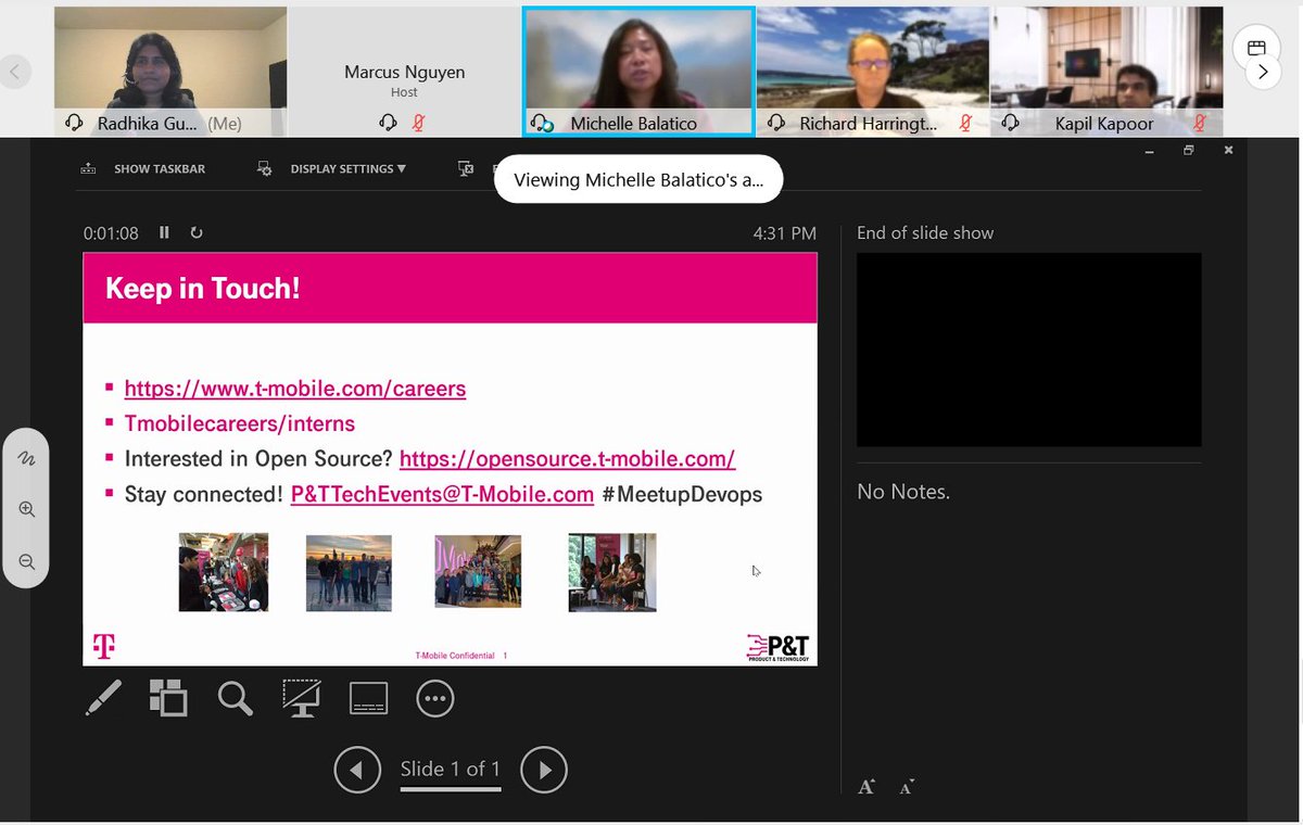 GummadiRadhika's tweet photo. Had an exciting time chatting about T-Mobile's Uncarrier Delivery Evolution at DevOps virtual meetup along with 
@talktokapil Richard Harrington @michellebalatico  @tmobilecareers #tmobile #Uncarrier #WeWontStop https://t.co/DjDVozLbIR