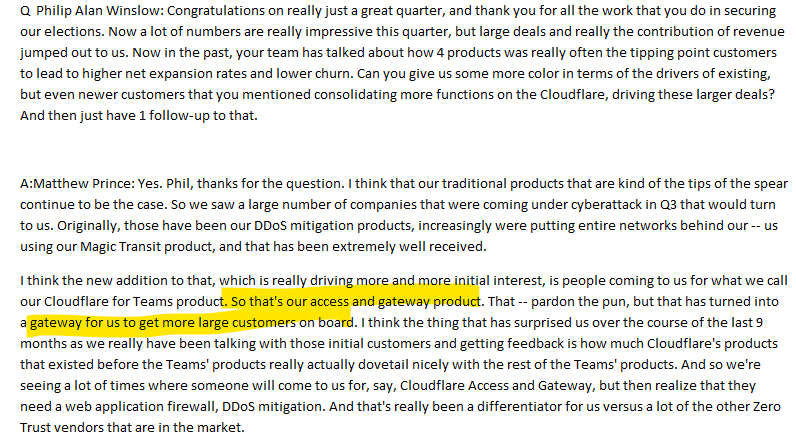  $NET Cloudfare for Teams is their gateway product to larger deals